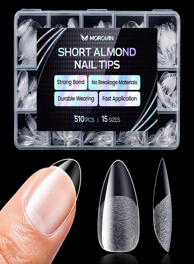 Morovan Short Almond Nail Tips: 510 pcs 15 Sizes Clear False Nails Tips Press On for Acrylic Gel Polish Natural Looking Artificial Nails for Women DIY Manicure - Image 1